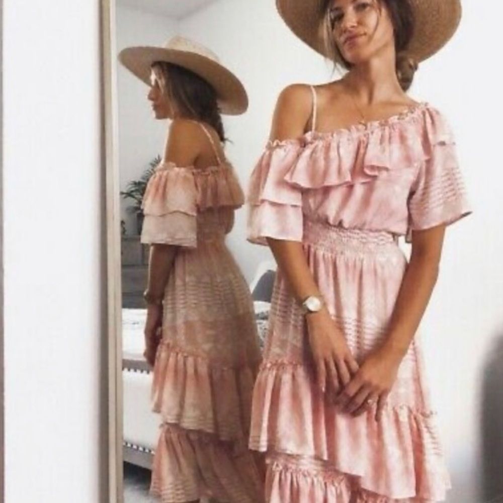 MISA Los Angeles One shoulder Midi Dress Medium Gaga Pink White Ruffles Tiered